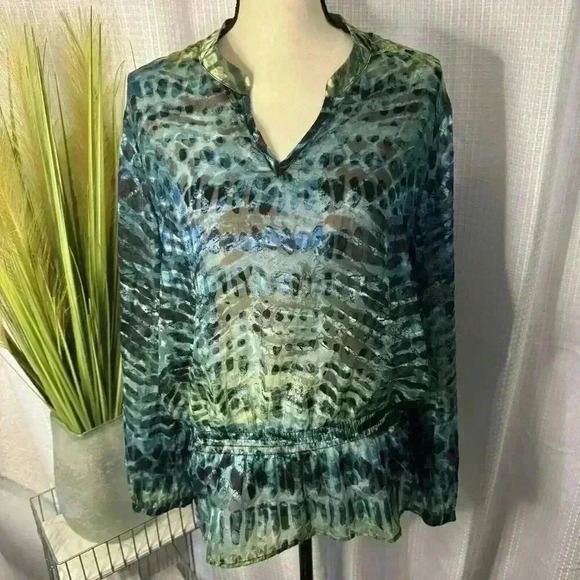 Chicos Women’s 1 US M Sheer Chiffon Turquoise Long Sleeve Elastic Waist Tunic - Picture 1 of 12